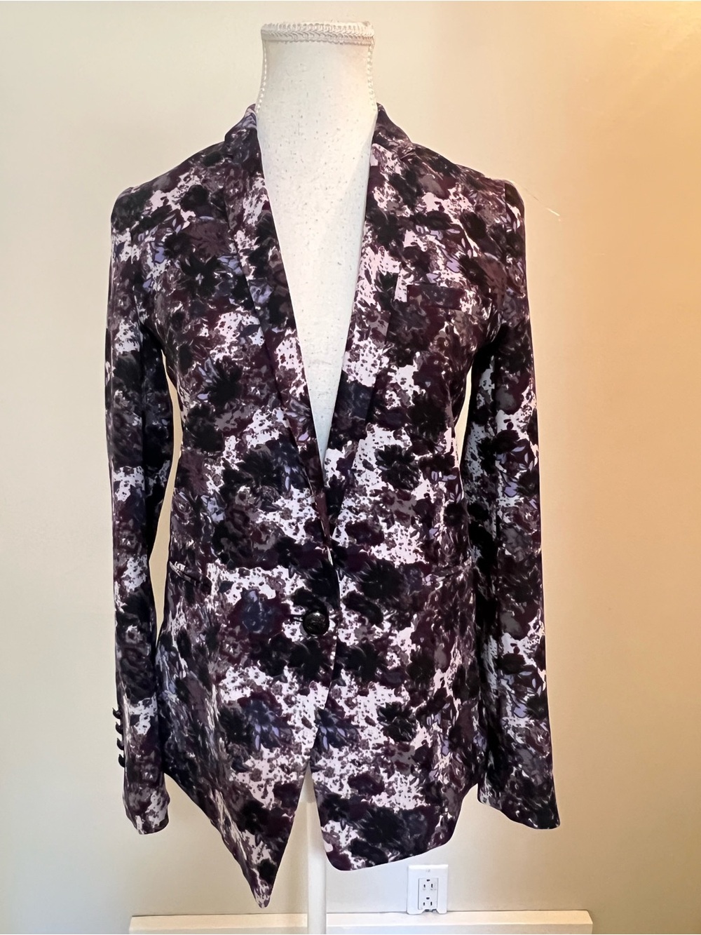 The Kooples Black and Purple Floral Single-Button Blazer